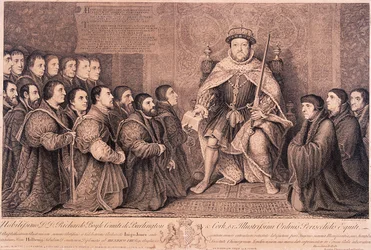 König Heinrich VIII. umgeben von knienden Figuren