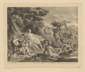 Halbnackte Figuren und Böcke in einer Landschaft