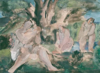 Drei Frauen und ein Kind baden unter einem Baum