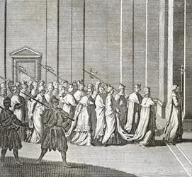 Verschiedene Phasen des Konklaves, Treffen der Kardinäle zur Wahl eines neuen Papstes: der Eintritt der Kardinäle in die Sixtinische Kapelle (Vatikan: Eintritt der Kardinäle) Gravur aus 