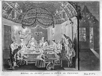 Judentum: Mahlzeit für das jüdische Volk während des Sukkotfestes) Gravur aus "Illustration religiöser Zeremonien und Bräuche aller Völker der Welt" von Bernard Picart (1723-1743)