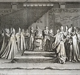 Feierliche Inauguration des Pontifikats: Krönung des Papstes) Gravur aus "Illustration religiöser Zeremonien und Bräuche aller Völker der Welt" von Bernard Picart (1723-1743)