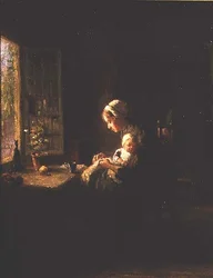 Mutter und Kind in einem Innenraum am Fenster