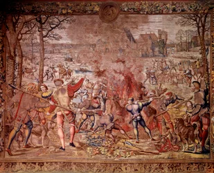 Die Jagden von Maximilien, genannt „Schöne Jagden von Guise“: der Monat Januar, Wassermann, Wildschweinjagd, Flambée, Curee - Tapisserie hergestellt in den flämischen Werkstätten von Bernard van Orley