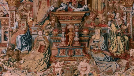 Flemischer Wandteppich. Serie Die Ehren. Glaube. Erster Wandteppich in der Serie. Modell Zeichner aus dem Kreis von Bernard van Orley und Jan Gossaert (Mabuse). Herstellung Pieter van Aelst, Brüssel. Ca. 1550. Stoff Gold, Silber, Seide und Wolle.