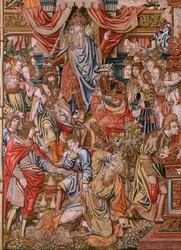 Flämischer Wandteppich. Serie Die Ehren; Adel (La Nobleza). Vierter Wandteppich in der Serie. Modell Zeichner aus dem Kreis von Bernard van Orley und Jan Gossaert (Mabuse). Herstellung Pieter van Aelst, Brüssel. Ca 1550. Stoff Gold, Silber, Seide und Wolle