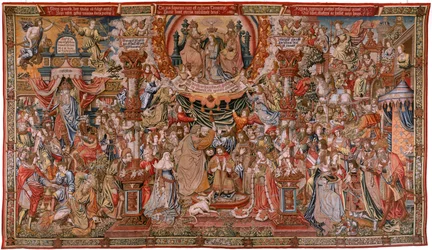 Flämischer Wandteppich. Serie Die Ehren; Adel (La Nobleza). Vierter Wandteppich in der Serie. Modell Zeichner aus dem Kreis von Bernard van Orley und Jan Gossaert (Mabuse). Herstellung Pieter van Aelst, Brüssel. Ca 1550. Stoff Gold, Silber, Seide und Wolle