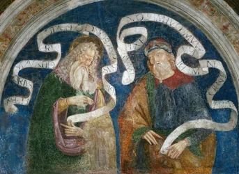 Der Apostel Jakobus der Ältere und der Prophet Zephanja, von Pinturicchio, Bernardino, Werkstatt (1454-1513). Fresko