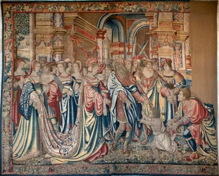 Zyklus des Ödipus: Prozession von Polybos und Periboia in Korinth - Die Prozession markiert die Adoption von Ödipus durch die Königin, die ihn aus den Armen von Phorbas entkommen sieht, umgeben von Herrschern und Höflingen, die die Szene beobachten - Wandt