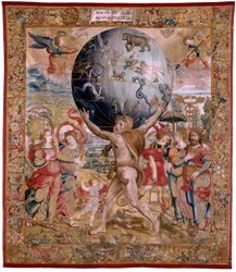 Flämischer Wandteppich. Serie Die Sphären. Herkules, der die Himmelskugel stützt (Hércules sostiene la esfera celeste). Erster Wandteppich der Serie. Modell Barend van Orley oder Pieter Coecke van Aelst. 1525-1530. Herstellung Joris Vezeleer (Georg Wezeler