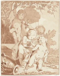 Vier Trauben pflückende Putti bei einer Vase