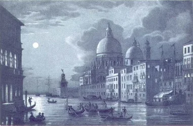 Nächtliche Szene des Canal Grande und Santa Maria della Salute, Venedig, graviert von Brizeghel