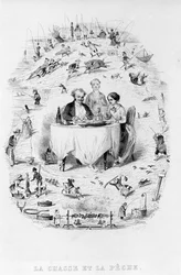 Jagd und Fischerei: Ein Paar im Restaurant vor einem Gericht aus Fisch und Fleisch, umgeben von verschiedenen Jagd- und Fischereimethoden. Die Physiologie des Gout von Brillat-Savarin, illustriert von Bertall. Paris 1840. Jean Anthelme Brillat