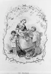Die Nanny: eine junge Mutter gibt ihren drei Kindern Essen in „La Physiologie du Goût“ von Brillat-Savarin, illustriert von Bertal. Paris 1840. Jean Anthelme Brillat-Savarin (Brillat-Savarin) (1755-1826) französischer Gastronom.