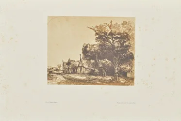 [Landschaft mit drei giebelständigen Häuschen neben einer Straße]