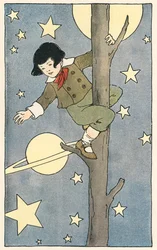 Junge klettert auf einen Baum zwischen Sternen und Planeten