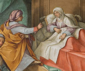 Zentrales Kirchenschiff, Zweite Nordspanne, Geburt der Jungfrau, Boccaccio Boccaccino 1514-15, Detail