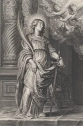 Heilige Katharina mit Palmblättern und Schwert, zwei Putti darüber mit einem Lorbeerkranz, ca. 1625-59