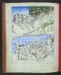 Add 24189, f.5v, Erholung auf Zypern mit, oben, einer Hirschjagd mit Leoparden und, unten, einem Fest, aus dem 