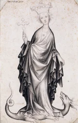 Heilige Margarete von Antiochia (gestorben um 305) (Saint Margaret) (sie hält ein Kruzifix und tritt auf einen Drachen) - Werk eines böhmischen Meisters (aktiv 1410-1420), Bleistift und Pinsel auf Papier (21,4x14 cm), um 1410 - Szépművészeti Múzeum, Budape