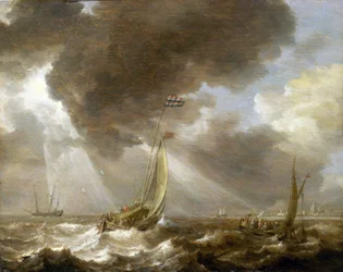 Zwei niederländische Fischerboote im Wind, beladen mit Passagieren, die sie in die am Horizont sichtbare Stadt transportieren, die Boote tragen die Flagge der Amsterdamer Admiralität
