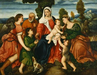 Die Heilige Familie mit Tobias und dem Engel, der Heiligen Dorothea, Giovannino und dem Wunder des Korns im Hintergrund