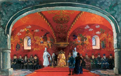 Darstellung von Boris Fyodorovich Godunov (1551-1605), Zar von Russland, Dekor für das Theaterstück „Boris Godunov“ von Alexander Sergejewitsch Puschkin
