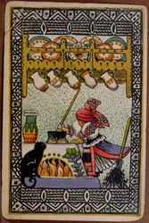 Postkarte mit einer Hexe, die einen Trank zubereitet
