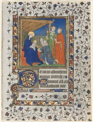 Bifolio aus einem Stundenbuch: Anbetung der Heiligen Drei Könige, um 1415