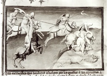 Ms Fr 2810 Der mongolische Anführer Hulagu, Khan des Ilkhanats, jagt seinen Cousin Berke, Khan der Kipchak oder Goldenen Horde im Jahr 1262 und zwingt ihn in einen Fluss, aus Livre des Merveilles du Monde, ca. 1410