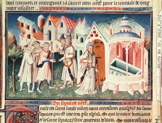 Ms Fr 2810 fol.274, Pilger vor der Kirche des Heiligen Grabes in Jerusalem, aus 
