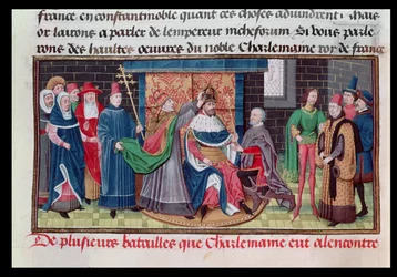 Ms 5089-90 Die Krönung Kaiser Karls des Großen (747-814) durch Papst St. Leo III. (gest. 816) am Heiligabend 800 n. Chr., aus Chroniques des Empereurs von David Aubert, 1462