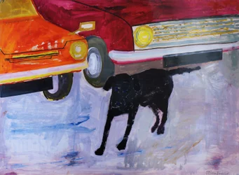 Hund auf dem Gebrauchtwagenplatz, Rex mit rotem Auto