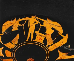 Nike, Siegesgöttin, legt Bänder an einen jungen Athleten an, der neben einem Altar steht