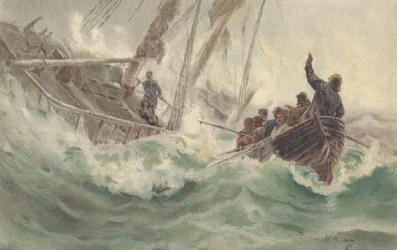 Kapitän und sein treuer Hund gehen mit dem gestrandeten Schiff unter, während die Besatzung entkommt