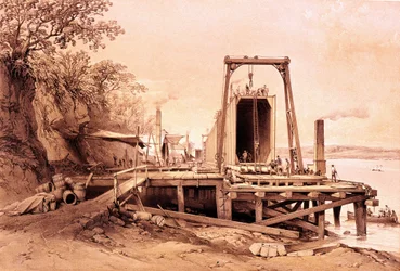 Industrielle Revolution: Installation einer vorgefertigten Brücke. Gravur aus „Britannia and Conway Tubular Bridges“