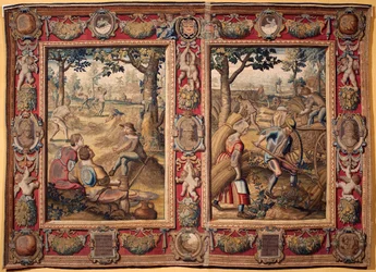 Juli und August: „landwirtschaftliche Arbeiten und Ernten“ Wandteppich der Manufakturen von Mortlake. 17. Jahrhundert Genua, Musei di Strada Nuova