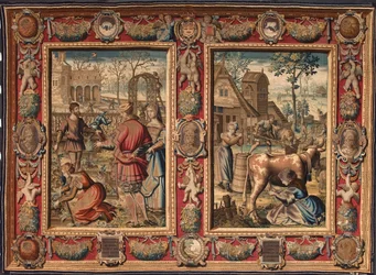 März und April: „landwirtschaftliche Arbeit und Kuhmelken“ Tapisserie der Manufakturen von Mortlake. 17. Jahrhundert Genua, Musei di Strada Nuova