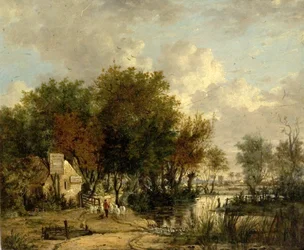 Flusslandschaft, Junge treibt Schafe