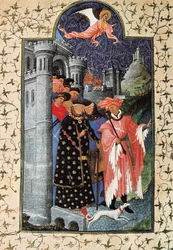 Der Herzog Jean de Berry und sein Verwalter. Miniatur von Jean Limbourg für "Les Tres Riches heures du Duc de Berry" um 1440 Paris. B.N.
