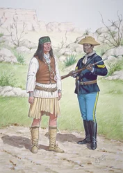 Ein Chiricahua-Apache-Krieger und ein Korporal des 10. Regiments der US-Kavallerie, 1886, aus einer Serie von sechs Tableaus