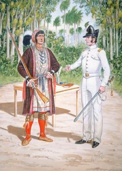 Osceola, Häuptling der Seminolen bei einem Vertrag mit einem Offizier des 2. Regiments der US-Dragoner in Florida