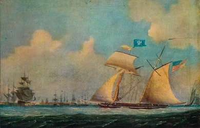 Ein amerikanischer Freibeuter-Schoner und andere Schiffe in der Nähe eines Hafens, ca. 1815