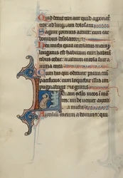 Initiale L: Ein kniender Mann zeigt auf einen Felsen und berührt seinen Kopf