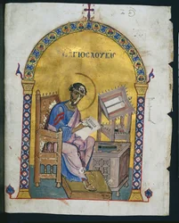 Blatt aus einem Lektionar mit St. Lukas, 1057-1063