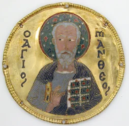 Medaille mit dem Heiligen Matthäus von einem Ikonenrahmen, ca. 1100 (Gold, Silber und Email Cloisonné)