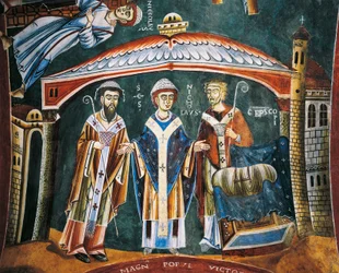 Der heilige Nikolaus wird zum Bischof von Myra geweiht, Detail aus den Geschichten des heiligen Nikolaus, romanisches Fresko, byzantinischer Stil, spätes 11. Jahrhundert, Kapelle des Heiligen Eldrad und des Heiligen Nikolaus, Abtei von Novalesa, Piemont, I