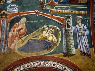 Heiliger Nikolaus rettet reichen Kaufmann, der in Armut gefallen ist, und bezahlt die Mitgift seiner Töchter, Detail aus den Geschichten des Heiligen Nikolaus, Romanisches Fresko, Byzantinischer Stil, spätes 11. Jahrhundert, Kapelle des Heiligen Eldrad und
