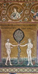 Die Erbsünde, byzantinisches Mosaik, Alttestamentlicher Zyklus-Irdisches Paradies, XII-XIII Jahrhundert