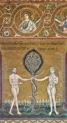 Die Erbsünde, byzantinisches Mosaik, Alttestamentlicher Zyklus-Irdisches Paradies, XII-XIII Jahrhundert